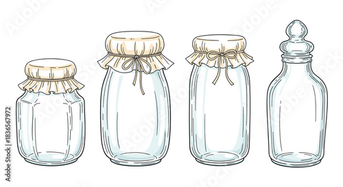 Hand-drawn collection of four empty glass jars and bottles in various shapes, some with fabric covers, in a charming sketch style.