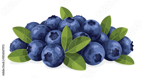 Vibrant and juicy pile of fresh ripe blueberries with small green leaves, illustrated in a detailed, realistic cartoon style.