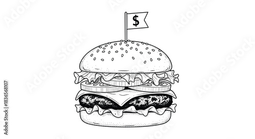Hand-drawn monochrome cheeseburger illustration with a dollar sign flag, symbolizing the cost of food, business, or expensive fast food.
