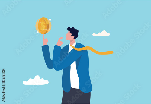 Financial plan investment strategy, decision to make profit or pay off debt, contemplation or thinking about savings and wealth concept, confident businessman spinning big money coin on his finger. 