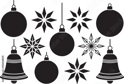 Collection of black silhouette christmas ornaments including baubles snowflakes and bells isolated on white background