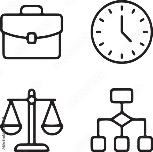 Set of four business and legal concept icons including briefcase, clock, scale, and flowchart