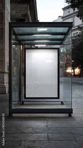 Blank illuminated advertising billboard in a modern glass bus stop shelter on an urban street with architectural background
