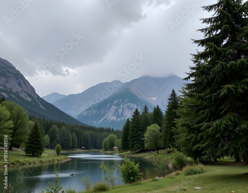 Serene Landscape of Mountains and Lush Forest Reflecting on Calm Lake Under Cloudy Sky