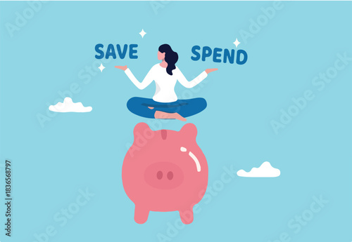 Money decision, save or spend, financial options when receive bonus or extra money, choose to invest or pay off debt concept, doubtful woman lotus sitting on piggy bank balancing save or spend choice