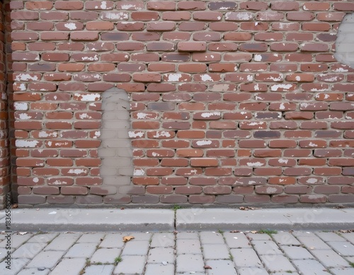 Weathered Brick Wall with Peeling Paint and Rough Texture in Urban Environment on a Cobblestone Path