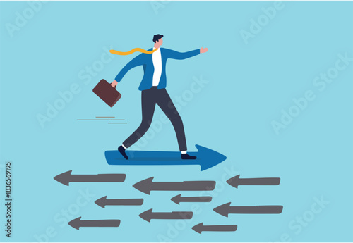 Contrary investment, be different in opposite direction concept, businessman riding arrow in different direction or other people or mainstream.