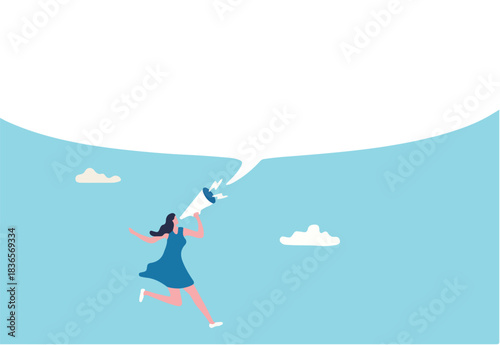 Woman speak out or speak up to communicate, telling the truth or big announcement, voice to be heard, female leadership or message concept, businesswoman speak out on megaphone with big speech bubble.
