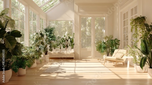 Bright and serene sunroom interior with lush potted green plants, bathed in natural sunlight, featuring modern decor and light wood flooring.