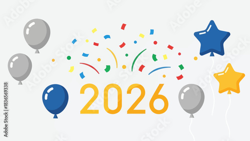 Bright celebration with confetti and balloons marking the arrival of 2026