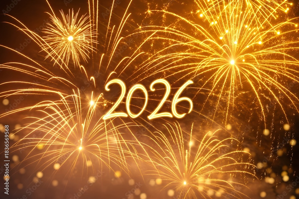 Naklejka premium Bright golden fireworks celebrate the arrival of the year 2026