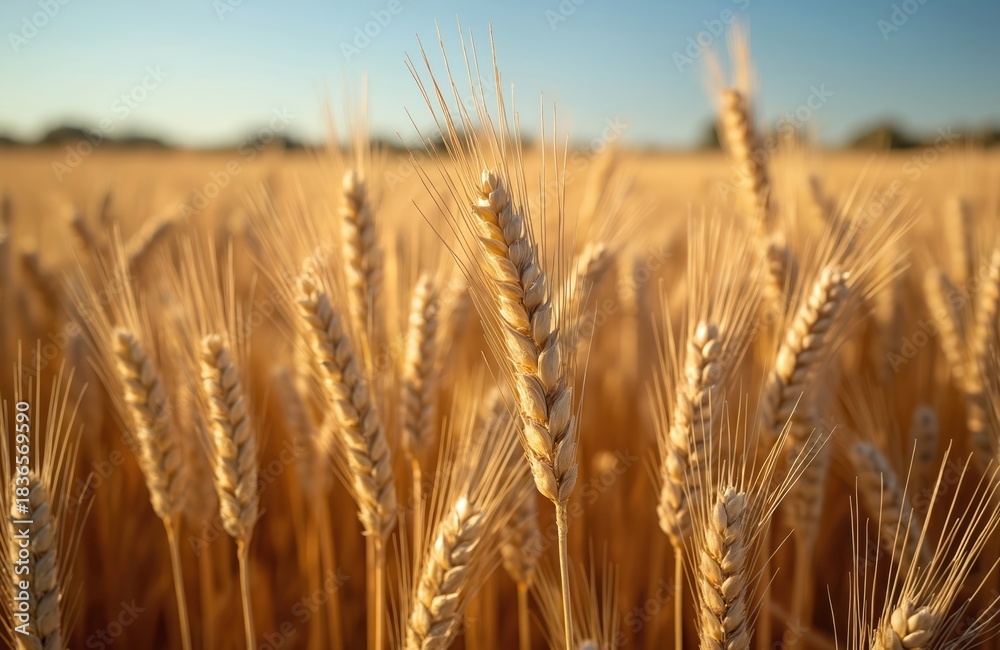 Fototapeta premium Close up photo shows golden wheat field under the sunlight. Ripe wheat ready for harvest. Agricultural landscape background with blue sky. Food supply concept.