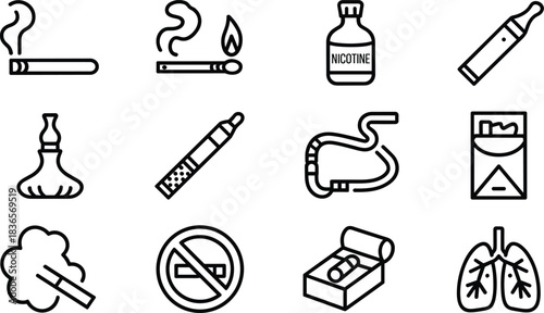 Smoking and Vaping Icon Set Tobacco Cigarette No Smoking Lungs Vector