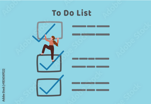 Complete to do list, accomplish project plan or finish tasks in schedule help achieve business goal and objective done, businesswoman climb up todo list to tick finished working project task checkbox
