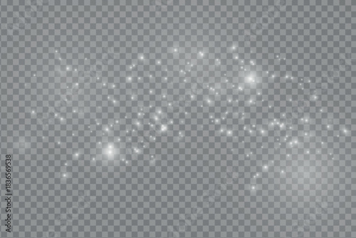 Dust sparks and stars shine with a special light. Christmas light effect. Glittering particles of magic dust.Vector sparkles on a transparent background. 
