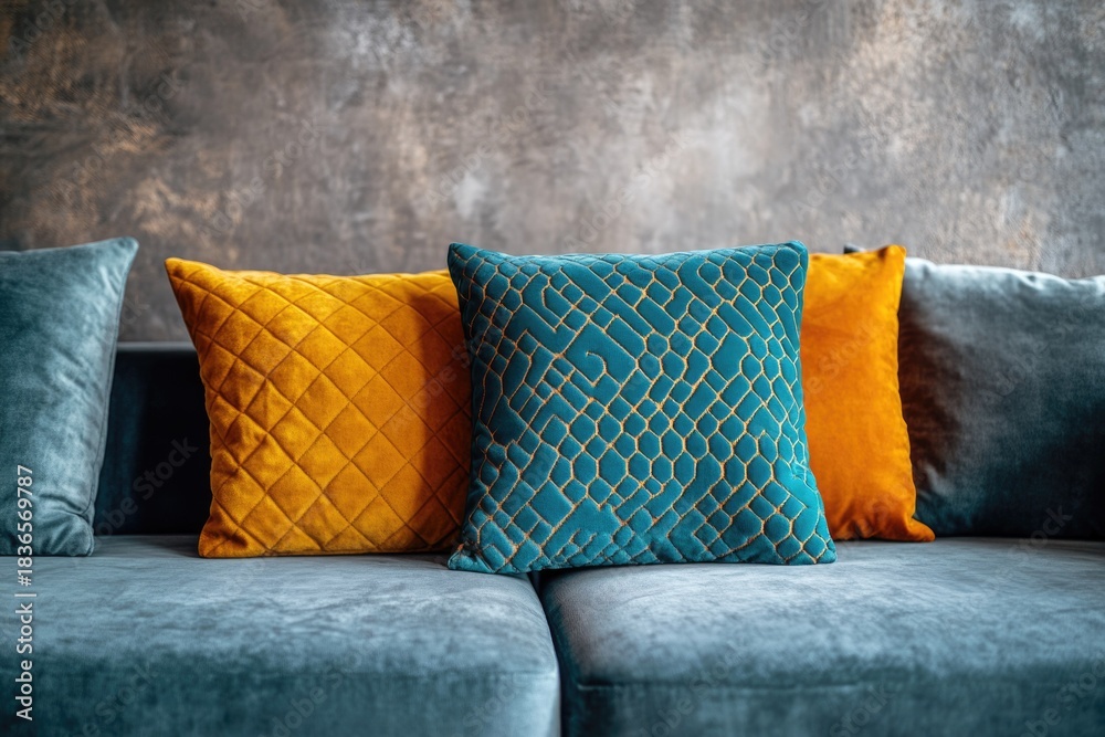 Obraz premium A vibrant collection of decorative velvet pillows in teal, mustard yellow, and blue, featuring intricate textures on a modern sofa.