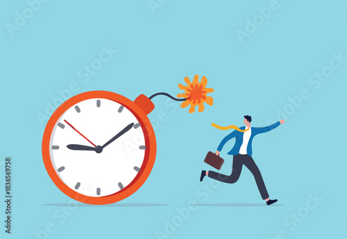 Time management, project deadline countdown or problem or trouble to deliver or launch product concept, fearful businessman running away from detonated time countdown bomb about to explode.