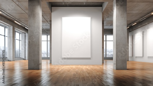 Spacious contemporary art gallery with industrial concrete elements, polished wooden floor, large city view software, and blank exhibition canvases