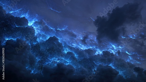 Dynamic blue glowing clouds and sparkling cosmic particles in a dark ethereal night sky, a mystical fantasy cloudscape