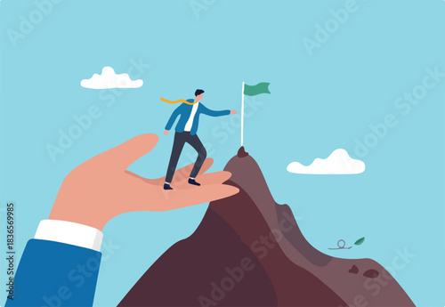 Helping hand, coaching or mentor support employee to achieve business target, inspiration or advantage to reach goal concept, businessman stand on giant helping hand to reach mountain peak target flag