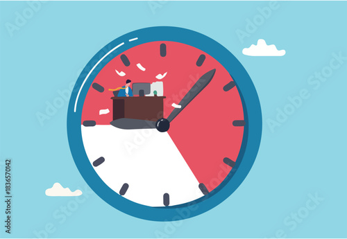 Nine to five or 9-5 job, office work routine by working everyday, bored responsibility for salary paycheck, overworked, burnout or work life balance concept, businessman working in working hour clock.