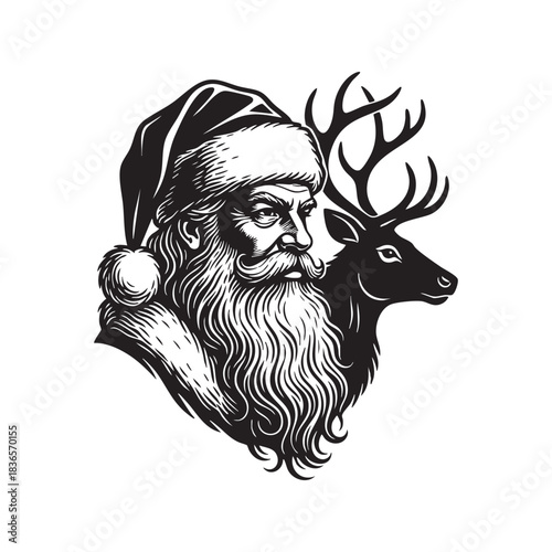 Vintage engraving of santa claus with a reindeer companion