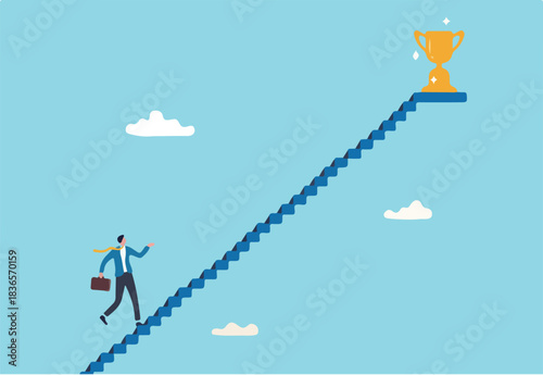 Small steps to success, challenge improve career and achieve target, journey, aspiration to reach goal, patience and persistence concept, businessman walk up small step stair to reach trophy reward