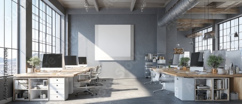 Modern industrial open-plan office with large software, exposed ductwork, wooden desks, and computer workstations in a bright workspace