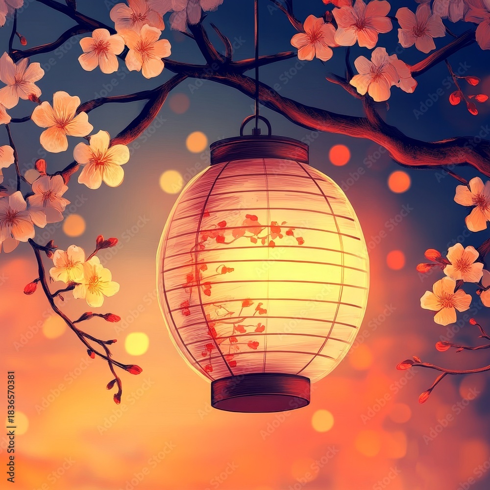 Obraz premium A warm and serene scene features a glowing Japanese lantern hanging from a cherry blossom branch. The soft, pink petals of the Prunus serrulata are illuminated against a gradient sunset backdrop, 