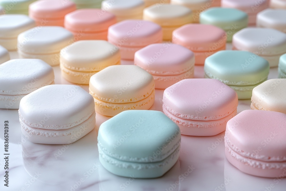 Obraz premium Soft pastel macarons or candies in delicate hexagonal and square shapes, neatly arranged across a light, reflective surface.