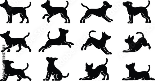 A collection of twelve black dog silhouettes in various dynamic and static poses on a white background.