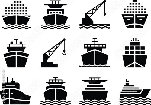 Diverse black silhouette icons of cargo ships tankers cruise liners and port cranes on wavy water vector set