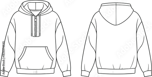 Half-zip hooded sweatshirt technical flat sketch with kangaroo pocket, ribbed cuffs, relaxed silhouette, detailed front and back vector illustration