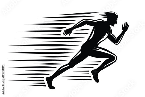 Silhouette of Man Running Fast, Muscular Physique in Motion, Monochrome Full Body Vector