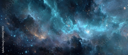 Stunning cosmic landscape: swirling teal and blue nebula with shimmering stars and galactic gas clouds in deep space