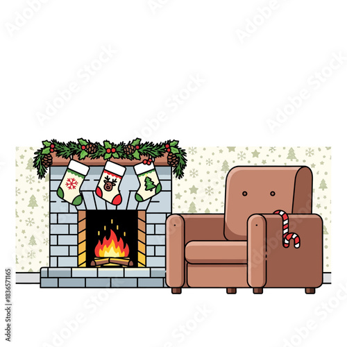 Flat 2D vector scene: Warm, minimalist Christmas Eve living room with an empty plush armchair next to a cozy hearth, stylized stockings, and ornaments, ideal for text overlay.