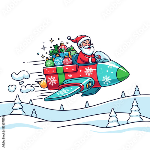Vibrant flat 2D vector illustration of a cheerful Santa Claus piloting a streamlined, futuristic flying gift box vehicle, soaring above a minimal snowy landscape for swift holiday delivery logistics.