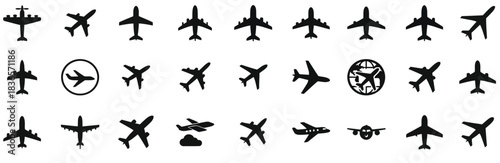 Collection of black airplane icons on white background aircraft travel