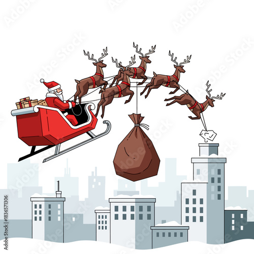 Ilustrasi vektor datar 2D, Sinterklas di kereta luncur geometris ditarik rusa terbang di atas kota bersalju, menurunkan hadiah ke cerobong asap di Malam Natal.