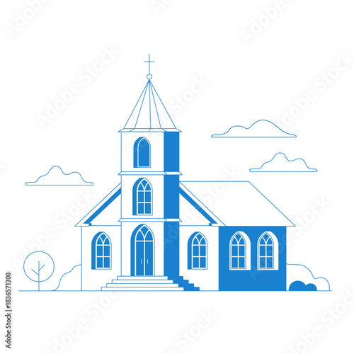 Vector flat icon church. For web design and application interface, also useful for infographics. Vector illustration. Catholic Church landscape