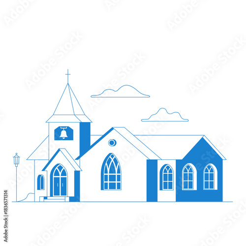 Vector flat icon church. For web design and application interface, also useful for infographics. Vector illustration. Catholic Church landscape