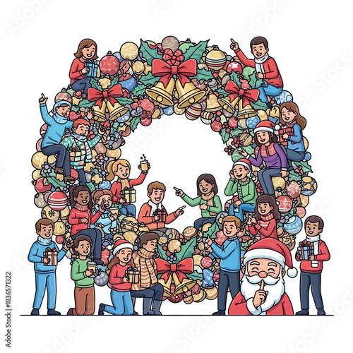 Ilustrasi vektor datar 2D cerah: Sekelompok orang beragam merayakan liburan di sekitar karangan bunga Natal besar berhias ornamen, dengan Sinterklas ramah mengintip.