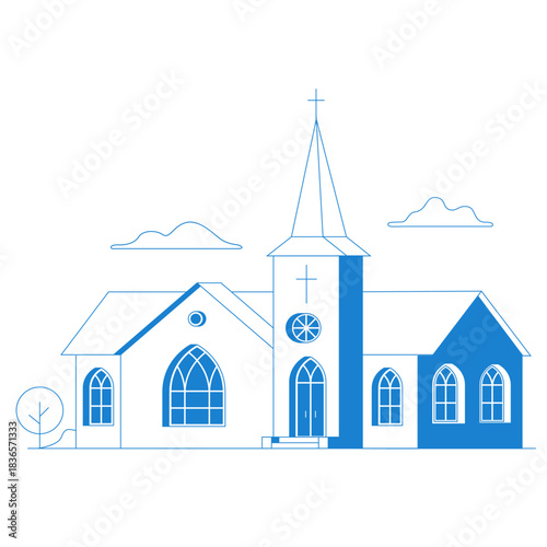 Vector flat icon church. For web design and application interface, also useful for infographics. Vector illustration. Catholic Church landscape