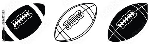 Three American footballs in black and white line art and silhouette sport game