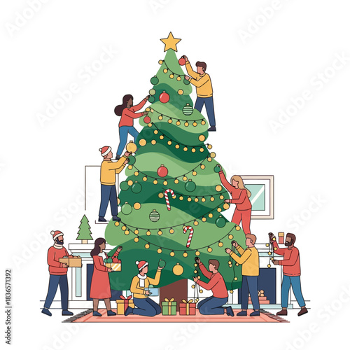 Ilustrasi vektor 2D datar penuh warna menggambarkan karakter yang beragam bekerja sama untuk menghias pohon Natal abstrak yang tinggi dengan hiasan, bola, dan lampu di ruang tamu yang nyaman.