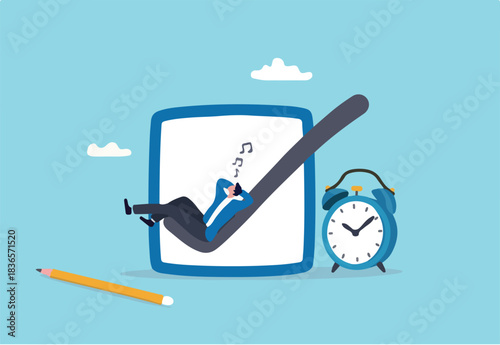 Easy completed task or finish work within deadline, efficiency or productivity, tick checkbox or work done, effort or check list concept, businessman relax sleep on complete checkbox with alarm clock.