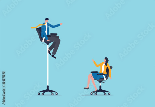 Gender gap and inequality in work, pay gap or advantage for man over woman in career path concept, businessman sitting on high office chair over businesswoman sit on normal chair discussing work.