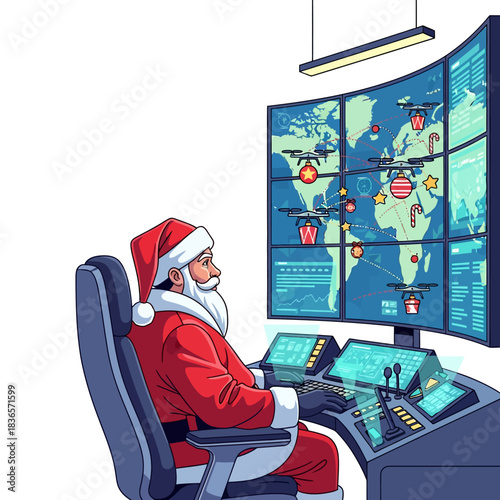 Vibrant 2D vector illustration shows Santa Claus in a modern control room, monitoring efficient drone deliveries of classic Christmas ornaments, including baubles, stars, and candy canes.