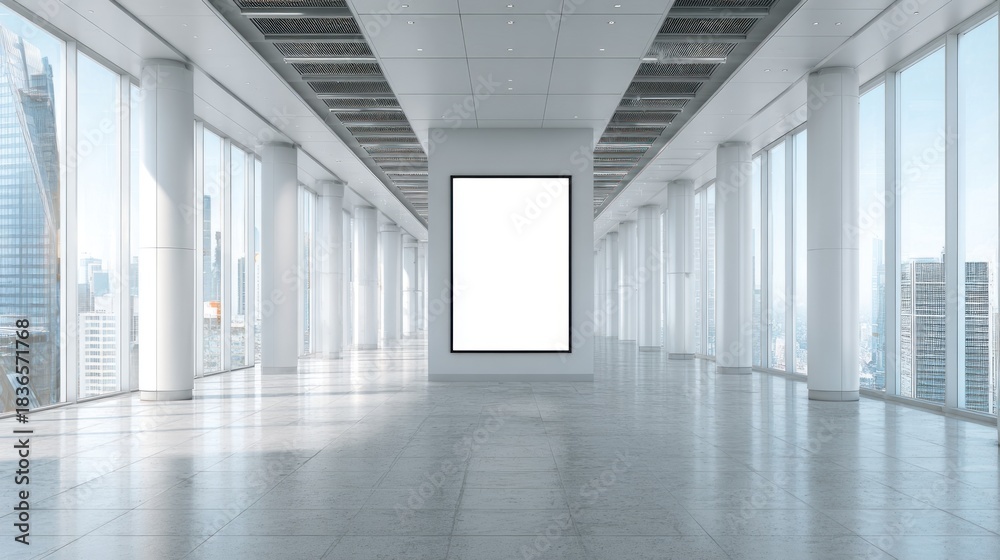 Obraz premium Bright modern architectural interior with panoramic city skyline view and blank vertical billboard mockup