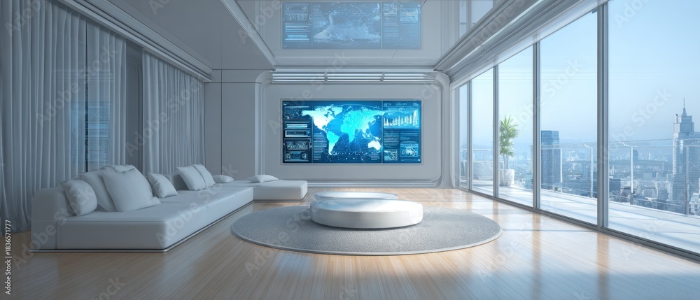Fototapeta premium Futuristic luxury apartment with high-tech digital world map display, white minimalist furniture, and panoramic city skyline view